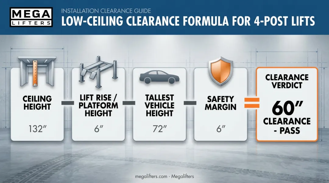 4-factor clearance calculation formula for 4 post lift low ceiling installs