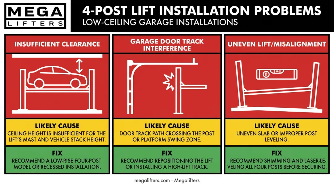 Three common low ceiling 4 post lift problems causes and fixes