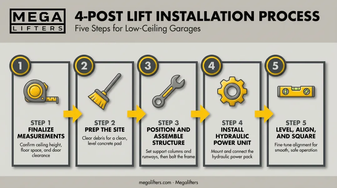 5-step 4 post lift installation process for low ceiling garages