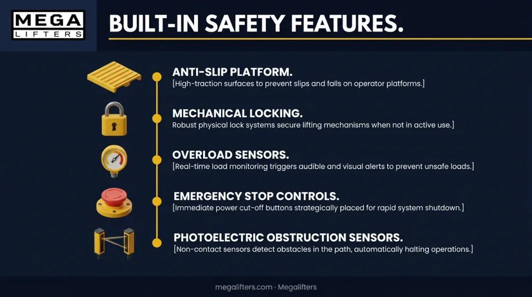 Five cantilever parking lift safety features illustrated vertical infographic diagram