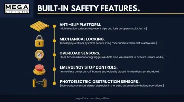 Five cantilever parking lift safety features illustrated vertical infographic diagram