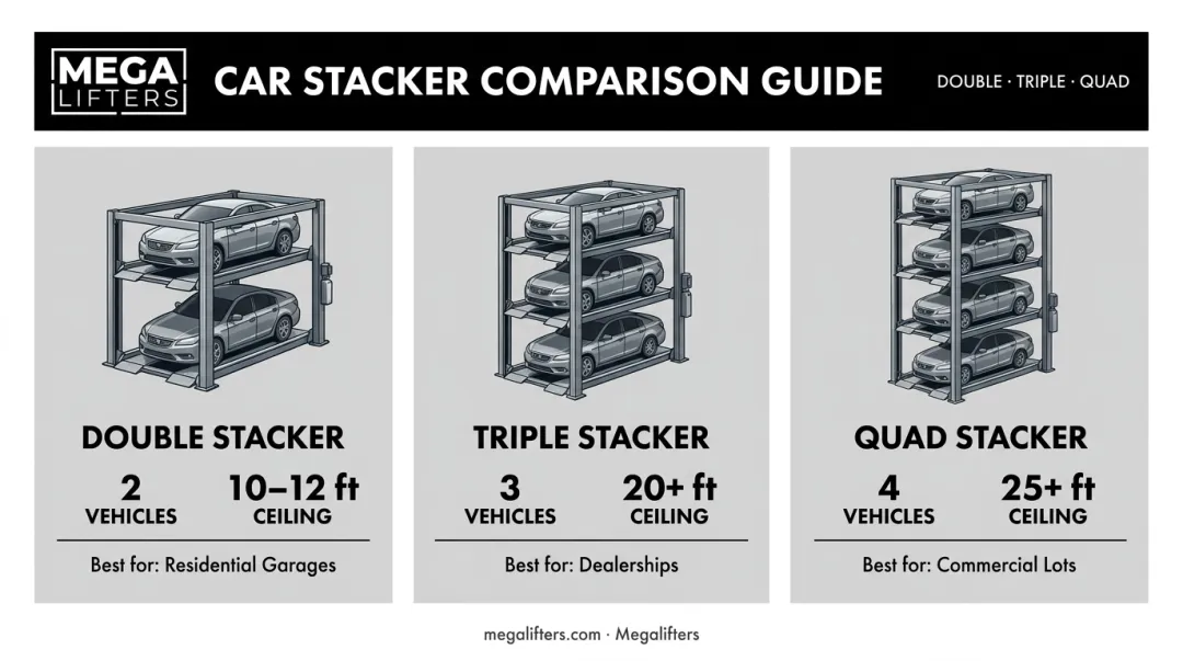 Comparison infographic of double triple and quad car stacker parking systems