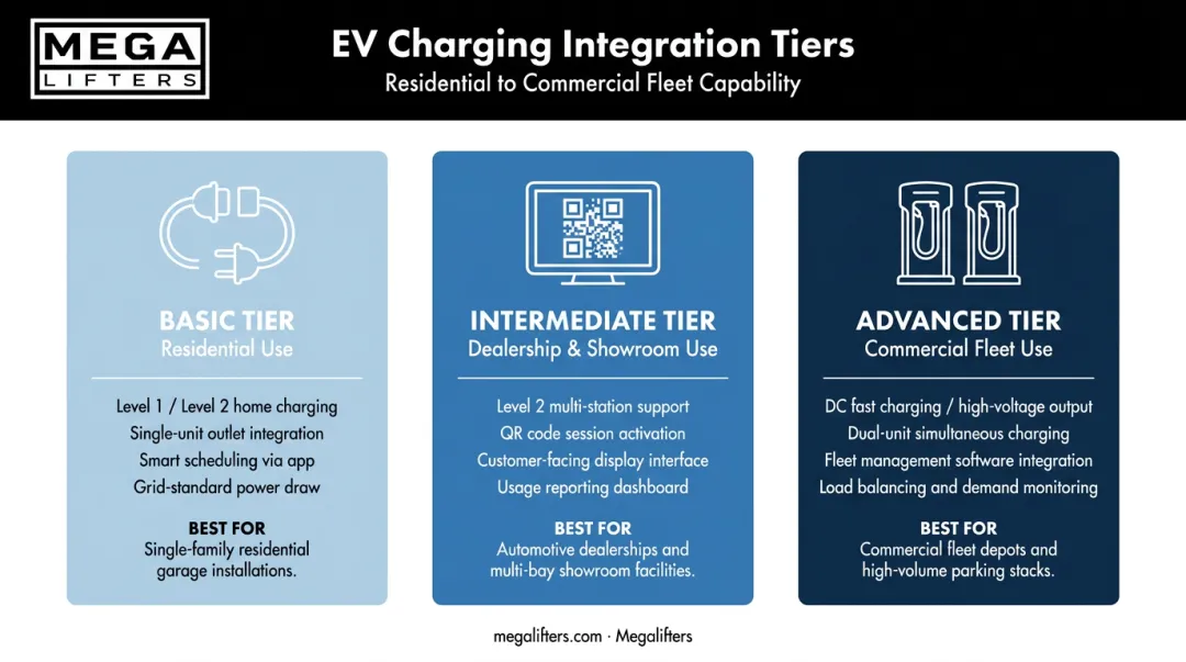 Three tiers of Megalifters EV+ integrated car stacker charging solutions infographic