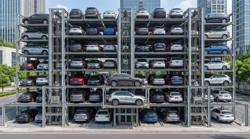 Multi-level automated puzzle-style parking structure with stacked vehicles