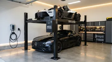 Megalifters custom vertical stacking car lift with EV charging integration
