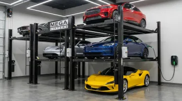 Megalifters quad car stacker installation with integrated EV charging