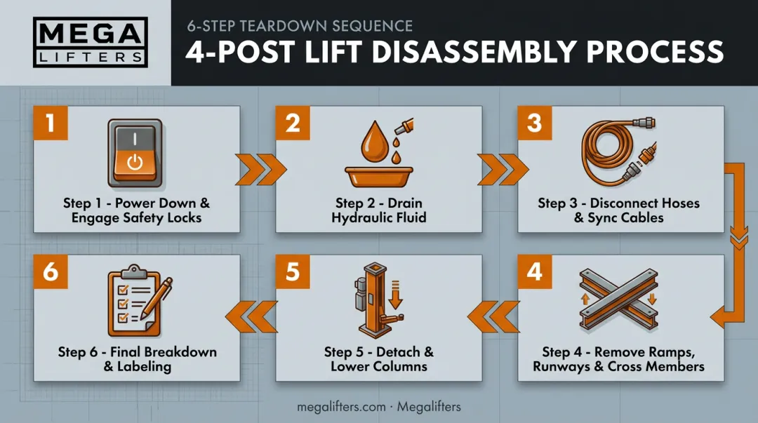 Six-step 4-post car lift disassembly process flow diagram