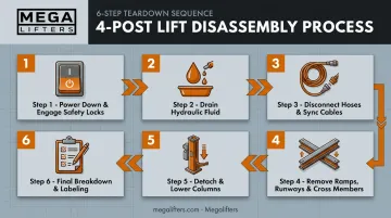 Six-step 4-post car lift disassembly process flow diagram