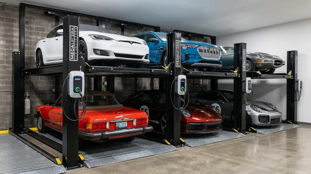 Custom automobile stacking system with integrated EV charging platform