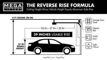 Reverse formula calculation showing maximum safe car lift rise height