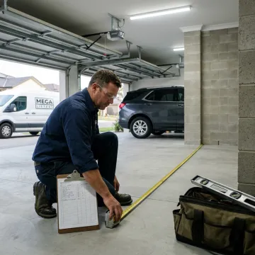 Technician planning a two-post car lift installation