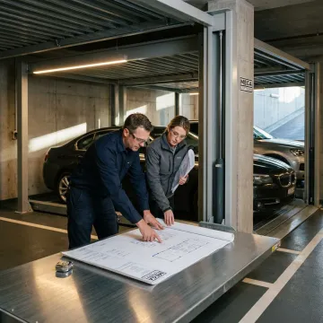Technicians planning an underground garage car lift installation