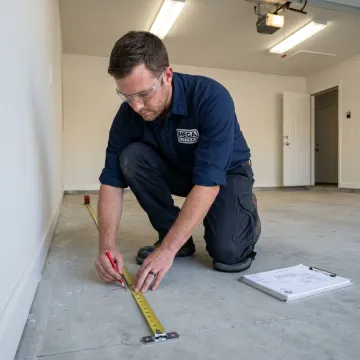 Technician measuring garage bay for car lift installation