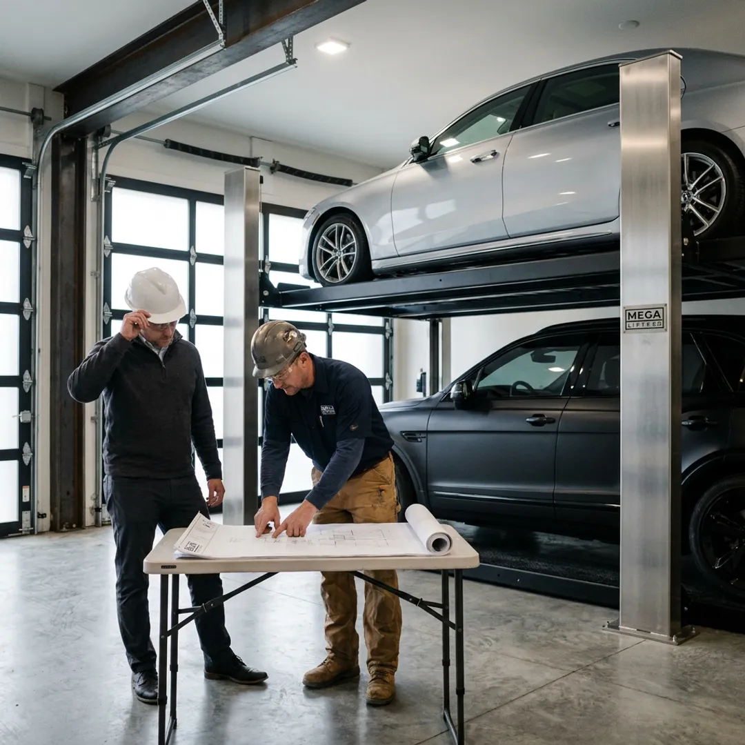 Technician planning custom car lift installation