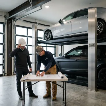 Technician planning custom car lift installation