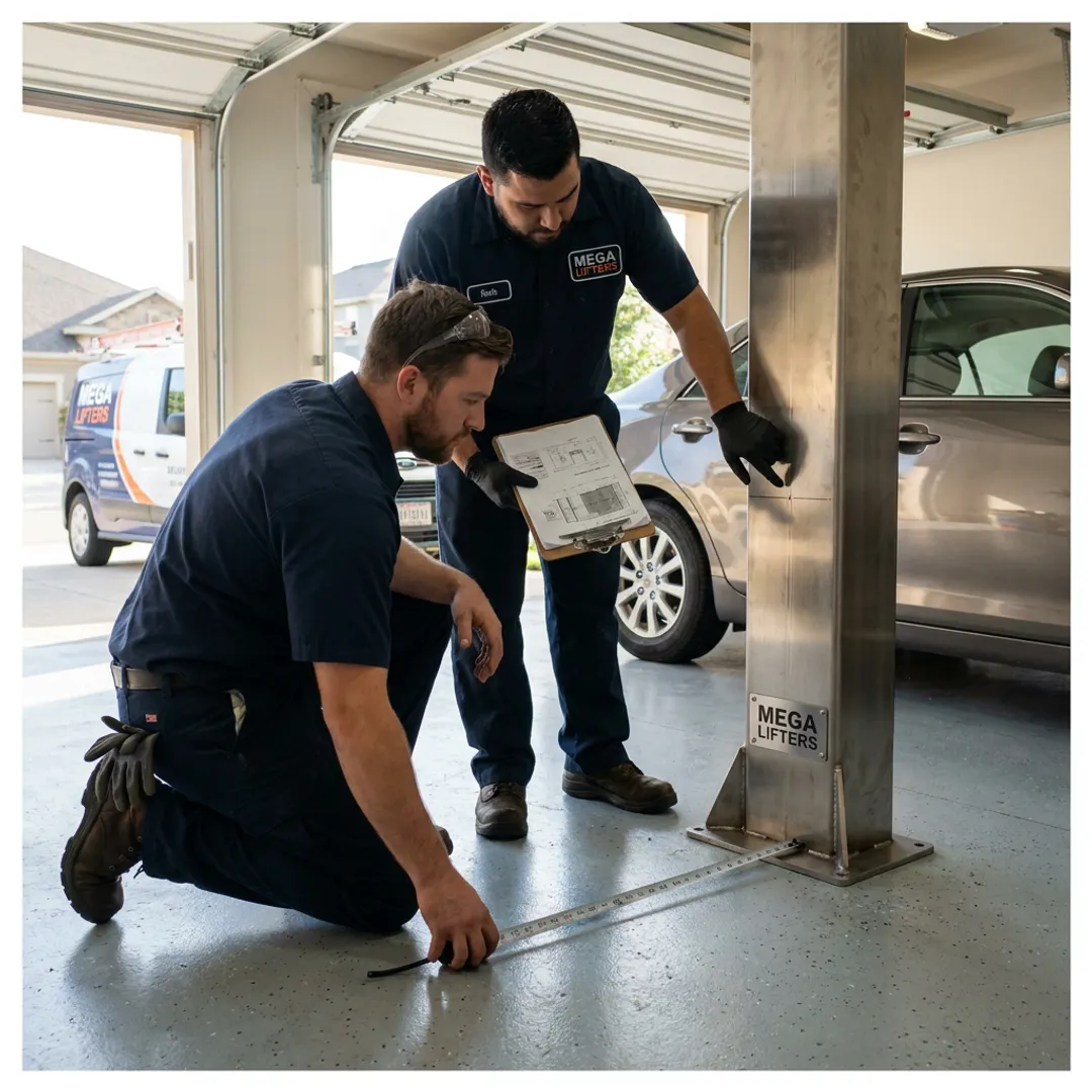 Technicians planning a custom car lift installation