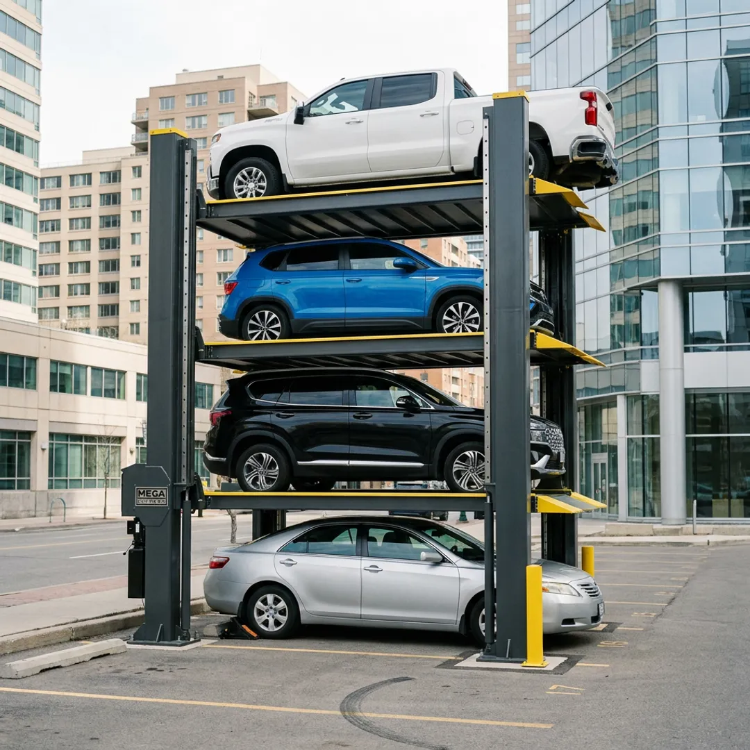 Urban parking facility with quad-stacked vehicles