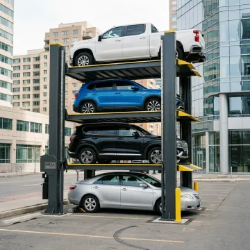 Urban parking facility with quad-stacked vehicles