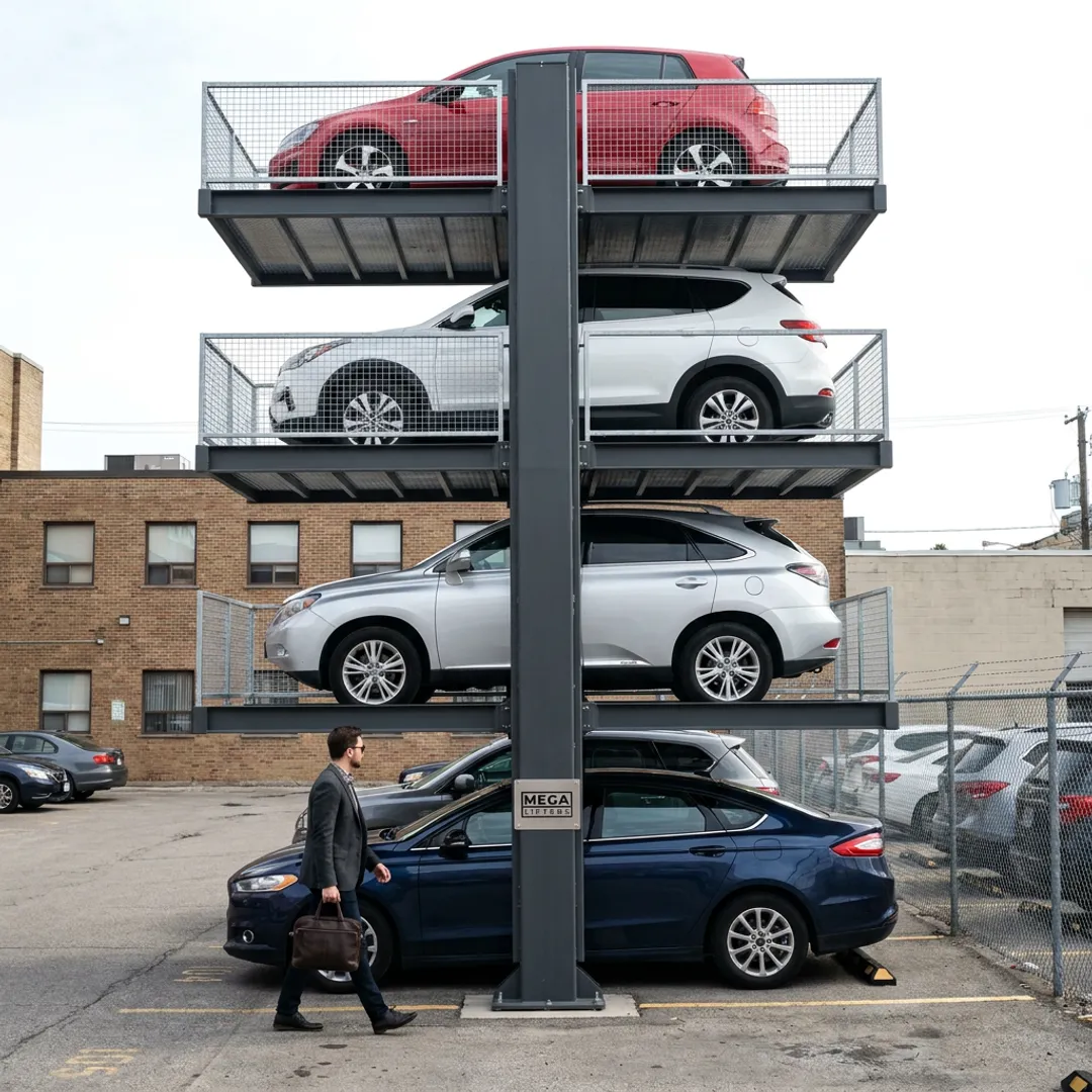 Urban parking lot with quad car stacking lift