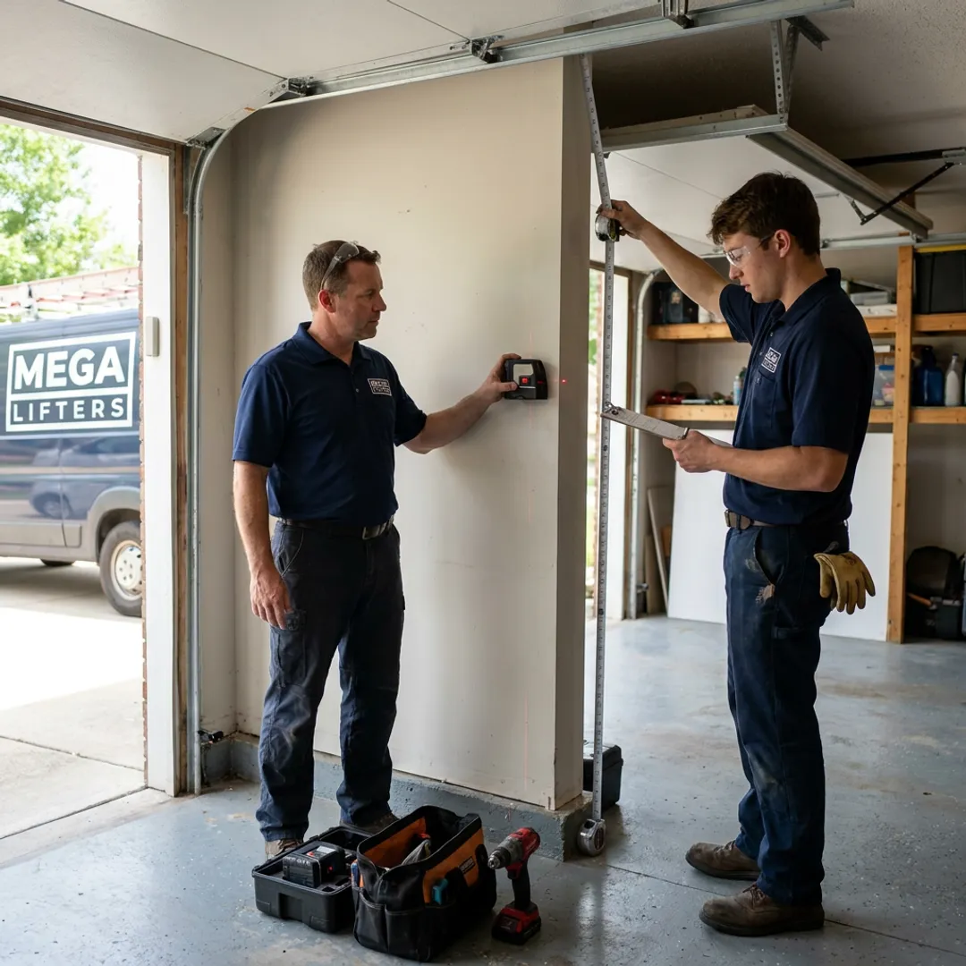 Technicians planning a two post overhead car lift installation