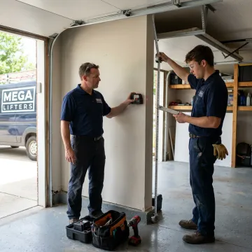 Technicians planning a two post overhead car lift installation