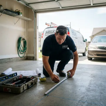 Technician measuring a home garage for a two-post car lift