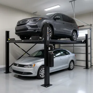 High-capacity four-post car lift in a garage
