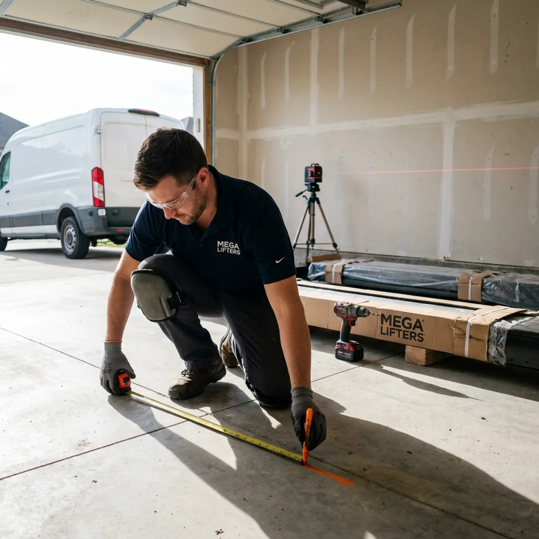 Technician planning a four-post vehicle lift installation