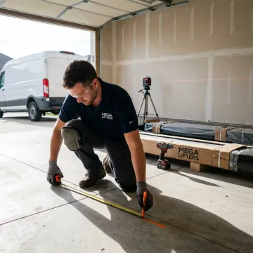 Technician planning a four-post vehicle lift installation