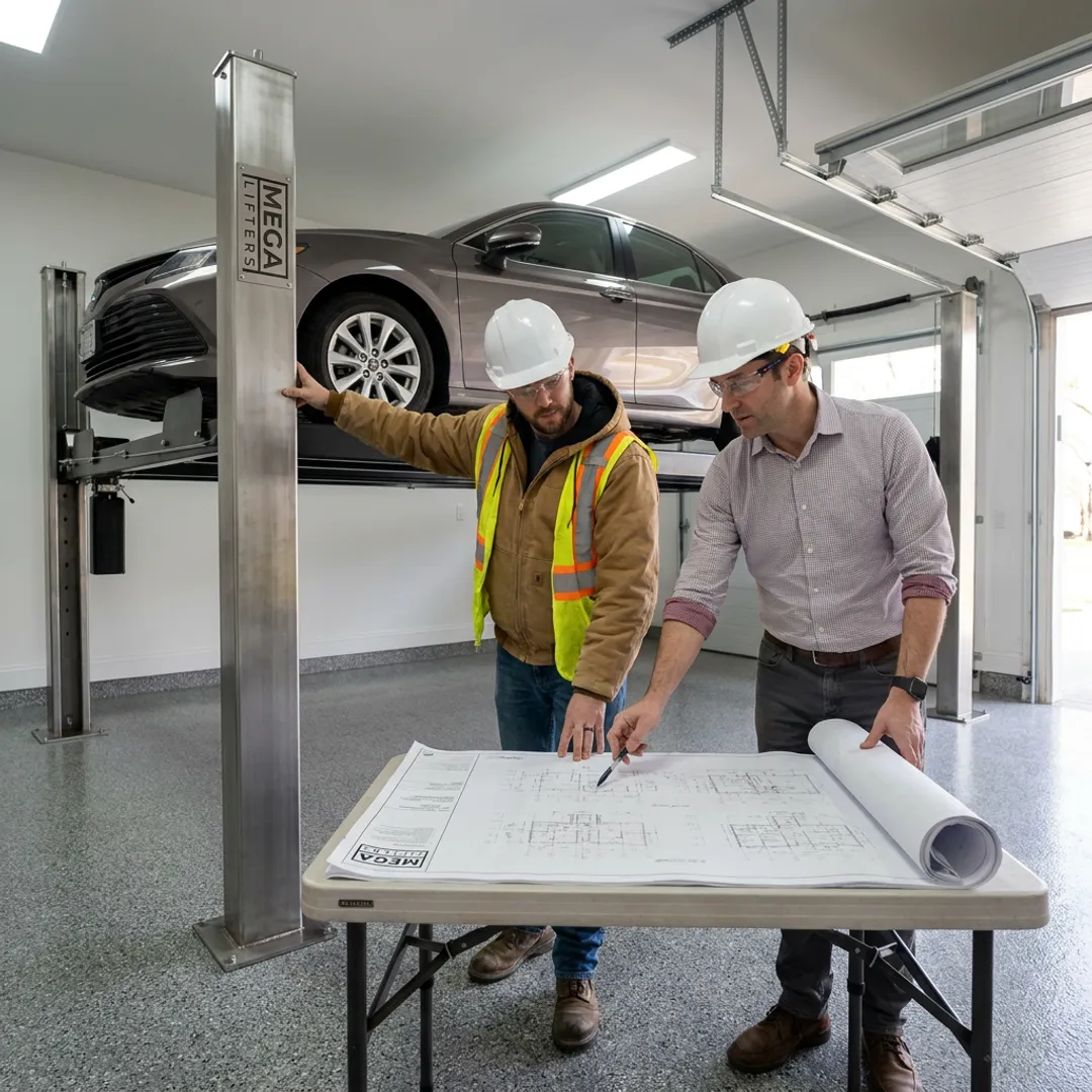 Technicians planning a custom car lift installation