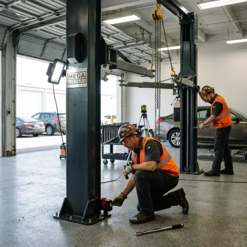 Technicians installing a custom parking lift system