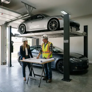 Technicians planning a custom 4 post car lift installation