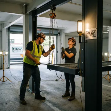 Technicians installing a custom car parking lift