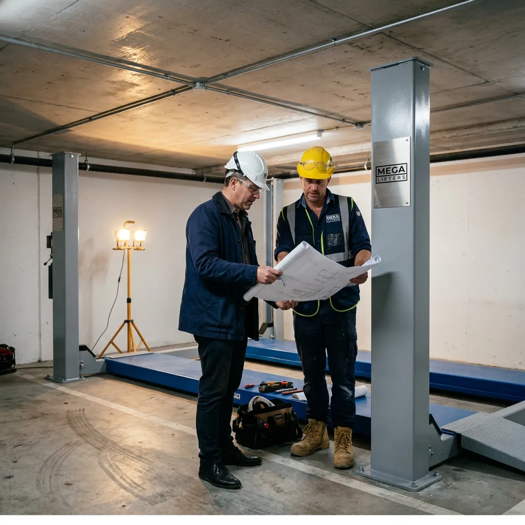 Technicians planning an underground garage car lift installation