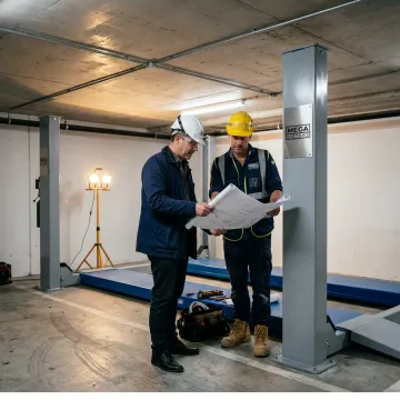Technicians planning an underground garage car lift installation