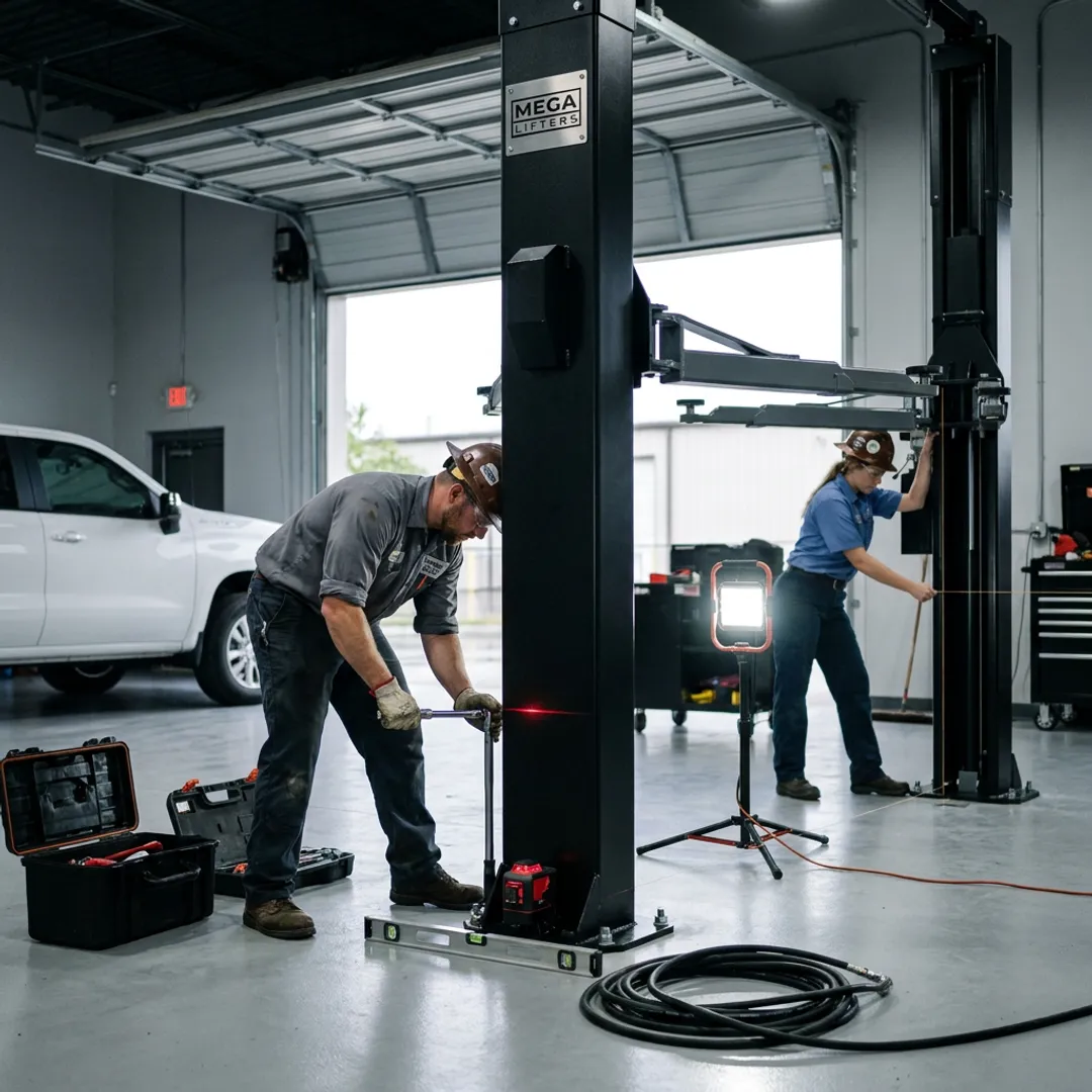 Technicians installing a two post vehicle lift