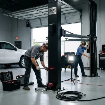 Technicians installing a two post vehicle lift