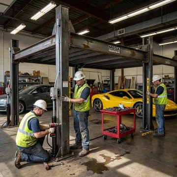 Technicians installing a custom car stacking lift