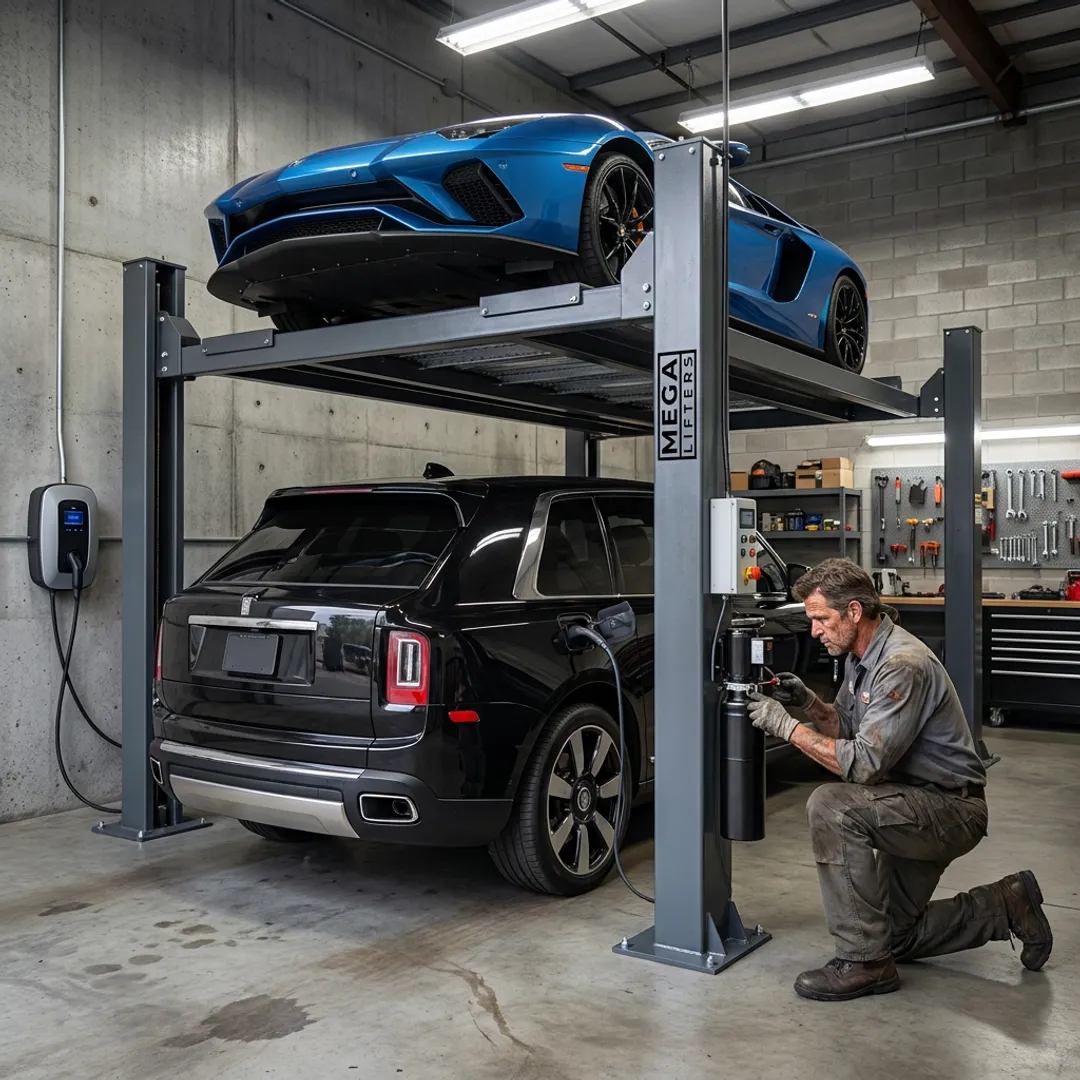 Custom car lifts in a Houston parking facility