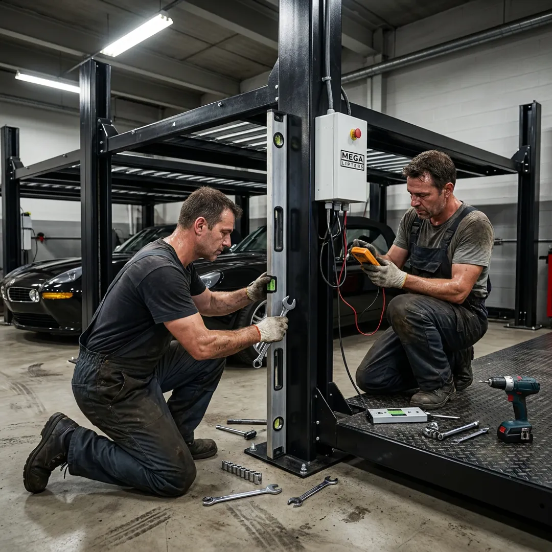 Technicians installing a hydraulic car parking lift