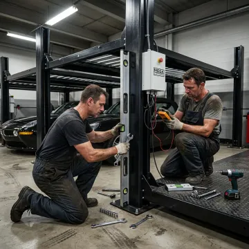 Technicians installing a hydraulic car parking lift