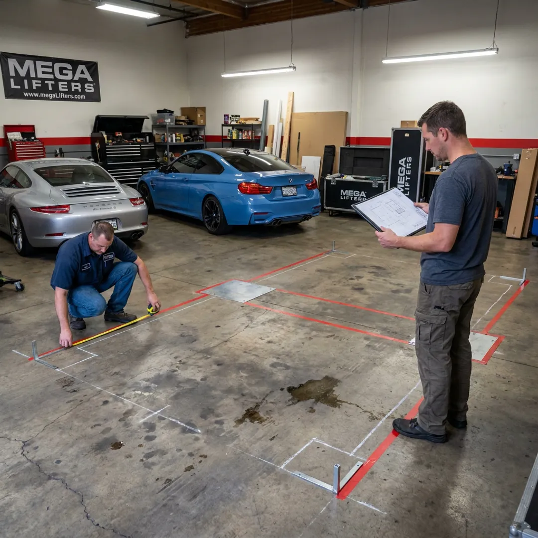 Custom car lift being planned in a home garage