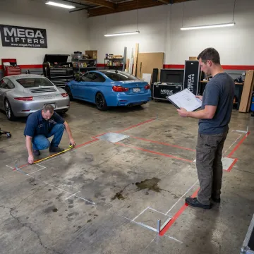 Custom car lift being planned in a home garage