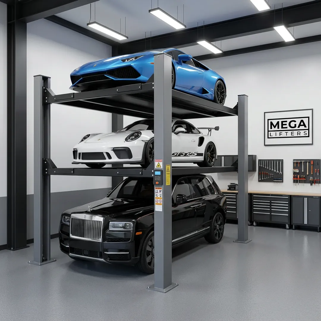 Custom car lift stacking vehicles in a garage