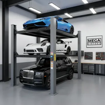Custom car lift stacking vehicles in a garage