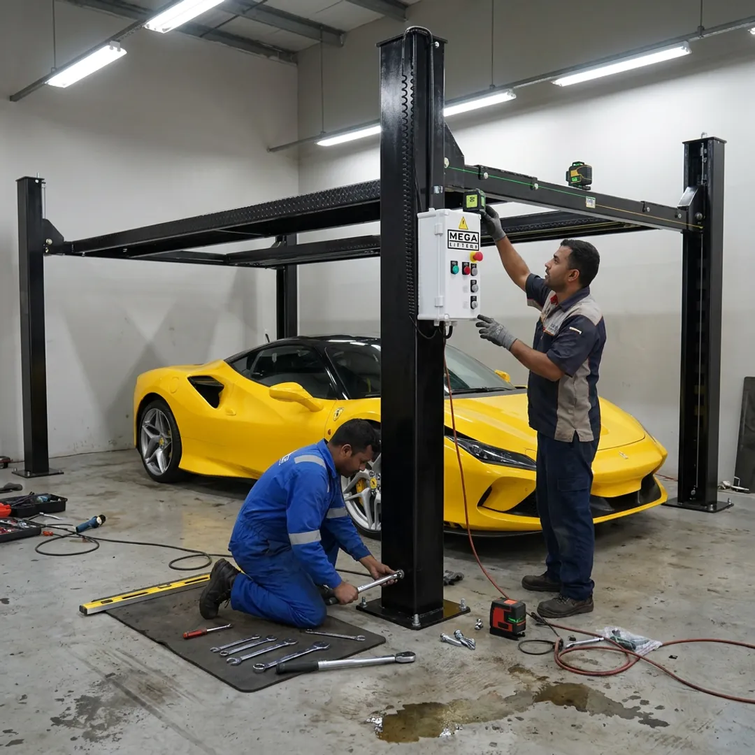 Technicians installing a custom car lift system
