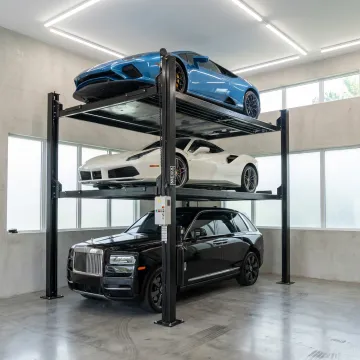 Custom car lift system stacking vehicles in a Florida garage