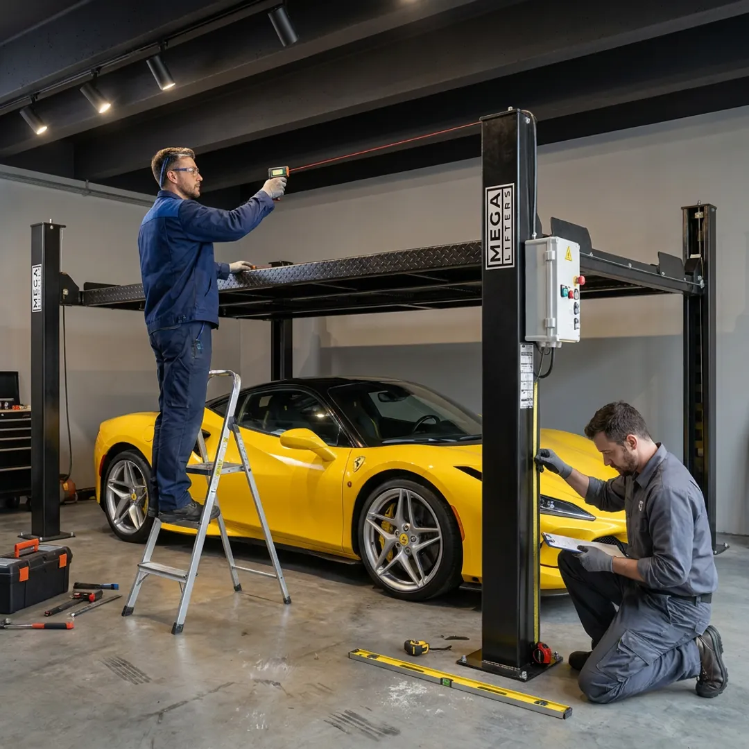 Technicians planning a four-post car lift installation