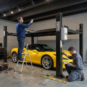 Technicians planning a four-post car lift installation