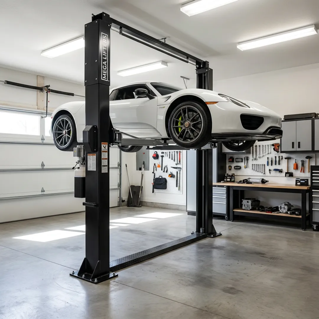 Two-post car lift in a clean home garage